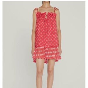 $395 Cloe Cassandro Red Silk Printed Mini Dress Tie Strap Ruffle Hem Womens S